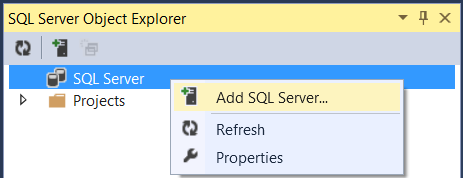 Capture d’écran de l’Explorateur d'objets du serveur SQL montrant l’élément Serveur QL mis en surbrillance en bleu et l’élément Ajouter un serveur QL mis en surbrillance en jaune.