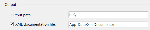 Capture d’écran de la boîte de dialogue Sortie, montrant le chemin de sortie et l’option permettant de sélectionner le fichier de documentation XML.