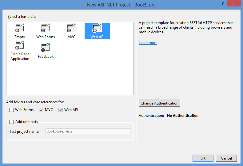 Capture d’écran de la boîte de dialogue Librairie de projet A S P dot NET, montrant les options de modèle et les zones case activée pour sélectionner le dossier de modèle et la référence principale.