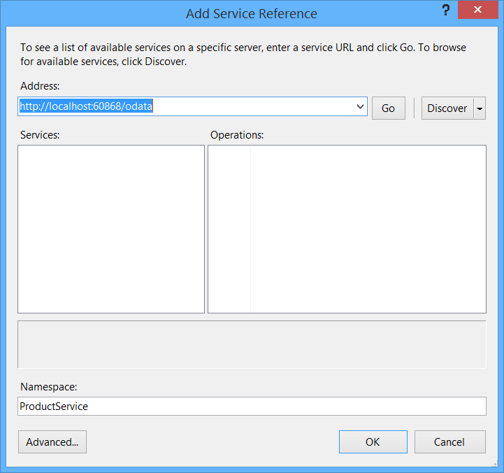 Capture d’écran de la fenêtre « ajouter une référence de service », qui montre le numéro de port dans le champ d’adresse URL et un champ pour ajouter un espace nom.