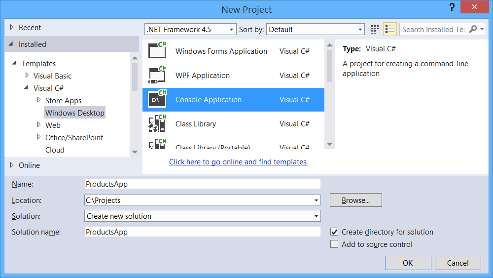 Capture d’écran de la boîte de dialogue Nouveau projet, mettant en évidence le chemin d’accès à travers les options de menu, pour créer un projet d’application console.