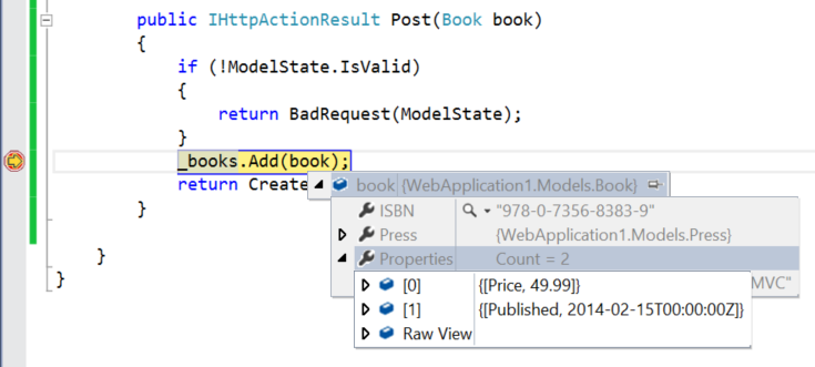 Capture d’écran du code qui envoie une demande POST, mettant en évidence la partie « ajouter des livres » du code pour afficher les propriétés ajoutées par l’API web.
