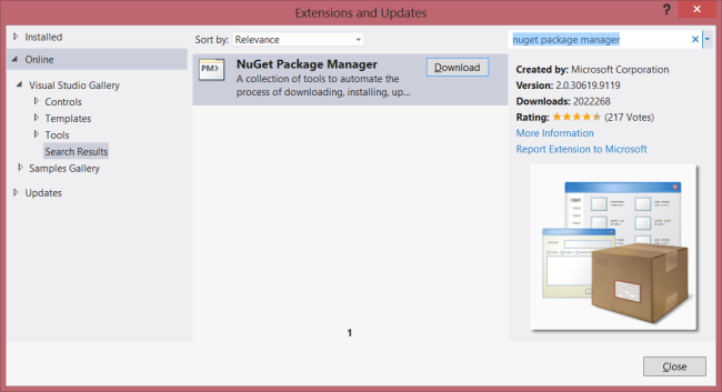 Capture d’écran de la boîte de dialogue Extensions et Mises à jour montrant le Gestionnaire de package NuGet dans les résultats de la recherche, qui est mis en surbrillance en gris.