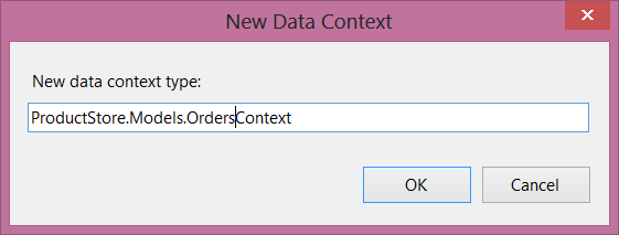 Capture d’écran de la boîte de dialogue nouveau contexte de données. Une zone de texte affiche le nom du nouveau contexte de données tapé.