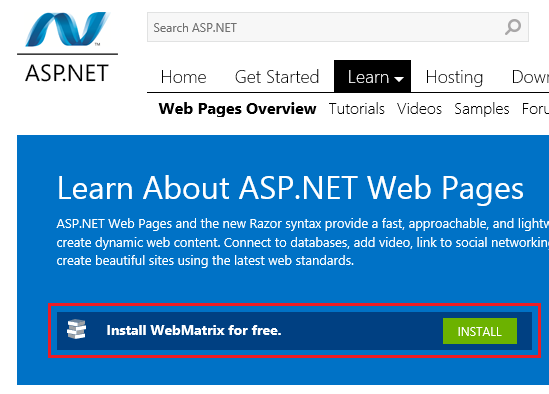 ASP.NET site web affichant le bouton « Installer WebMatrix »