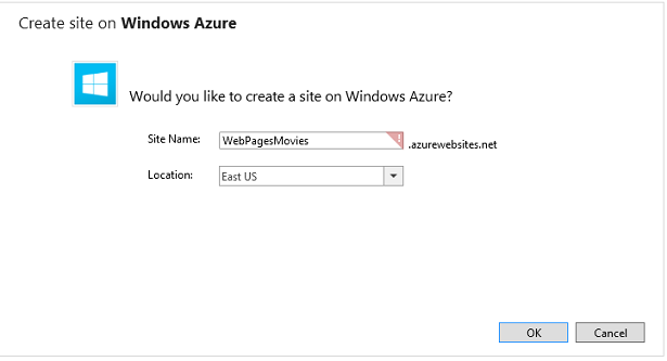 Capture d’écran de la fenêtre Créer un site sur Windows Azure montrant que le nom par défaut n’est pas disponible, comme indiqué par le point d’exclamation rouge.
