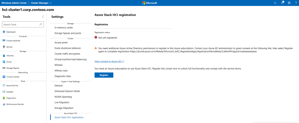 Si vous avez besoin d’autorisations Azure Active Directory supplémentaires pour inscrire le cluster, vous recevrez un lien à fournir à votre administrateur Azure AD