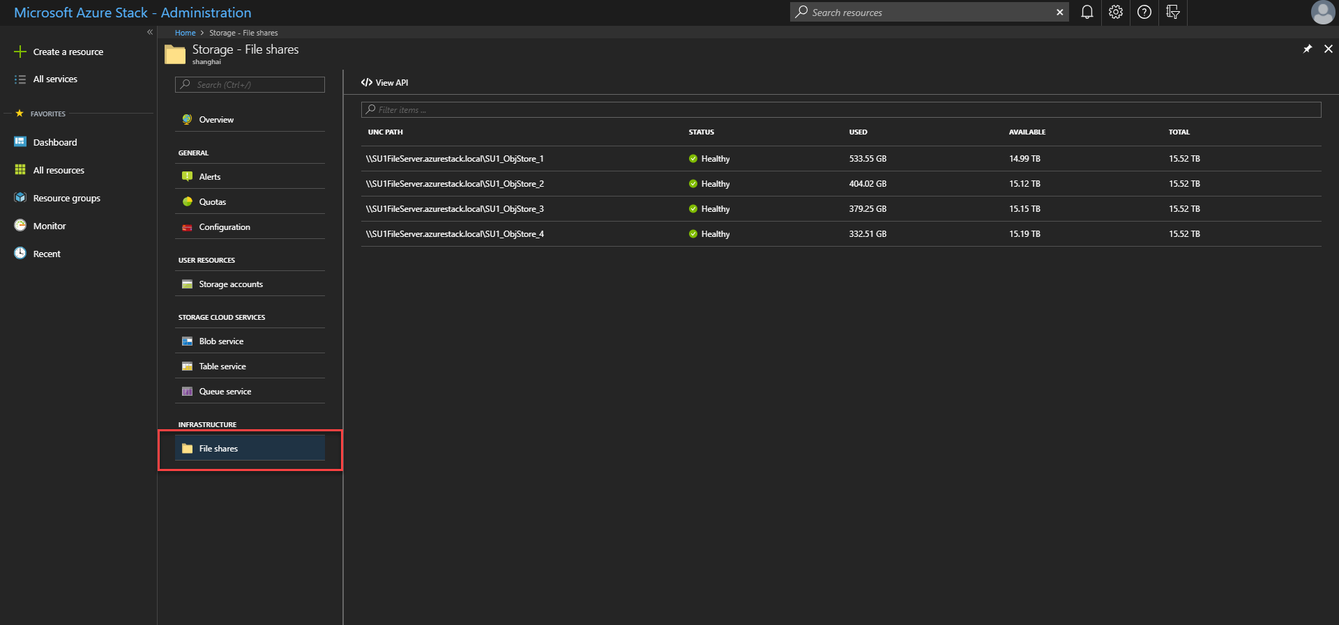 Exemple : capture d’écran du stockage des partages de fichiers dans le portail administrateur Azure Stack Hub.