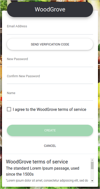 Custom WoodGrove sign-up page hosted by Azure AD B2C