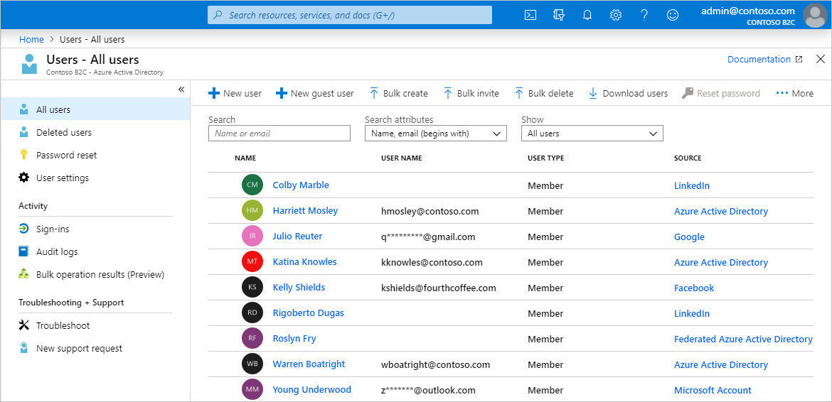 Azure AD B2C user management page in the Azure portal
