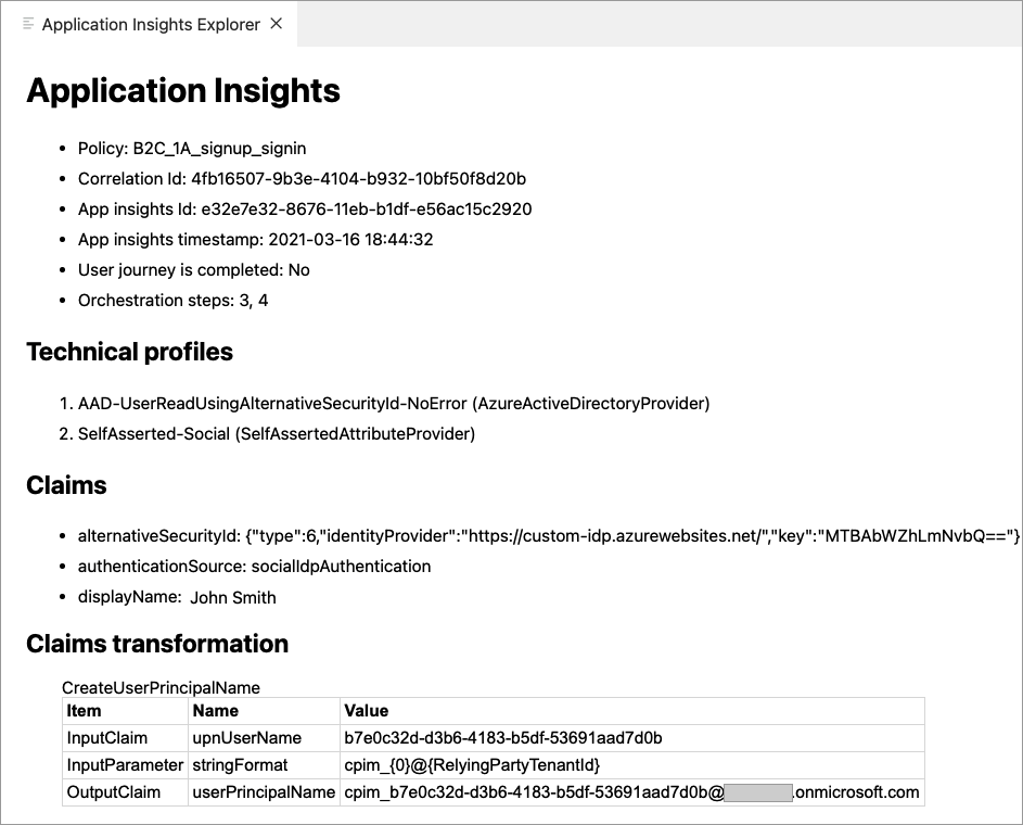 Screenshot of Azure AD B2C extension Azure AD B2C trace report.