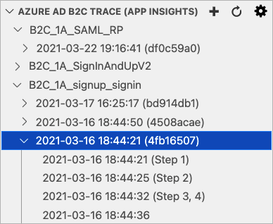 Screenshot of Azure AD B2C extension for vscode, presenting the Azure Application insights trace.