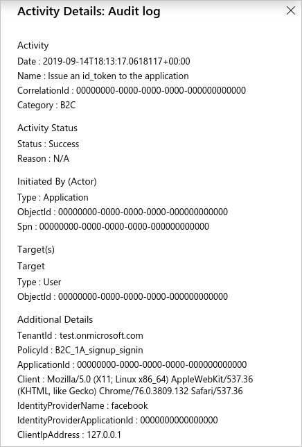 Exemple de page Détails de l’activité du journal d’audit du Portail Microsoft Azure