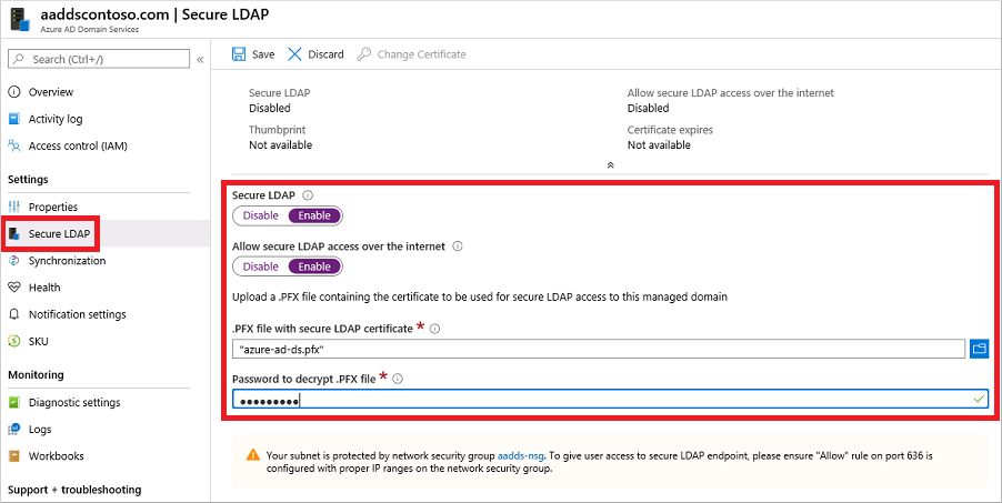 Enable secure LDAP for a managed domain in the Azure portal