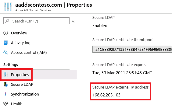 View the secure LDAP external IP address for your managed domain in the Azure portal