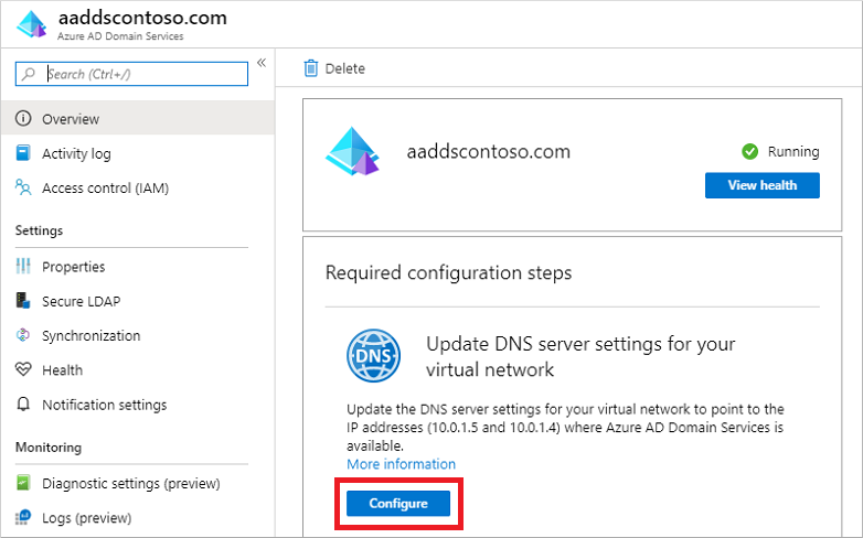 Configure DNS settings for your virtual network with the Microsoft Entra Domain Services IP addresses