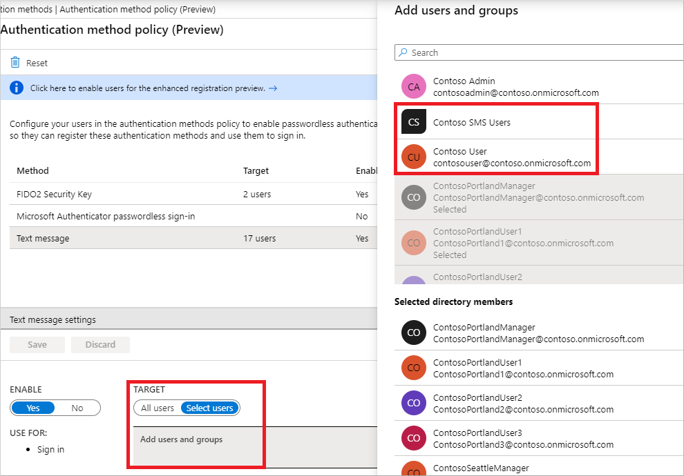 Choose users or groups to enable for SMS-based authentication in the Azure portal.