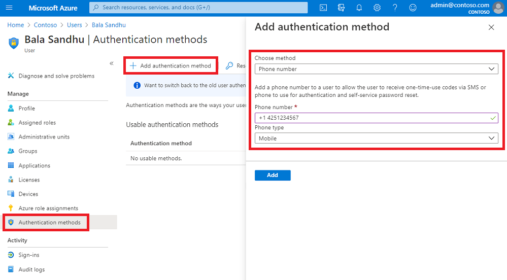 Set a phone number for a user in the Azure portal to use with SMS-based authentication