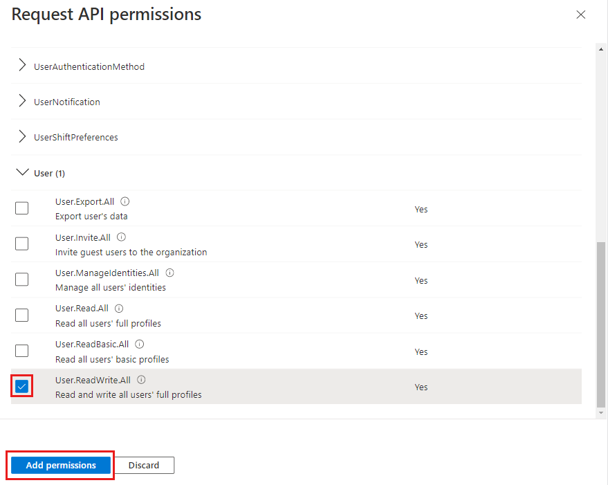 Capture d’écran de demande des autorisations d’API.