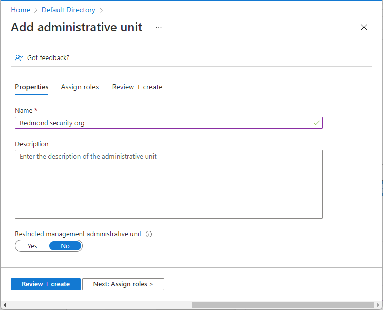 Capture d’écran de la page Ajouter une unité administrative et de la zone Nom permettant d’entrer le nom de l’unité administrative.