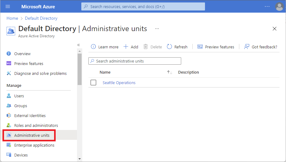 Capture d’écran de la page Unités administratives.