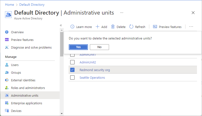 Capture d’écran du bouton Supprimer de l’unité administrative et de la fenêtre de confirmation.