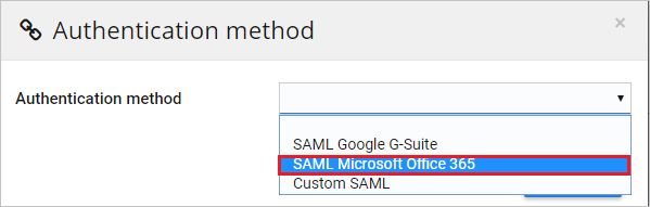 Screenshot shows Authentication method with SAML Microsoft Office 365 selected.