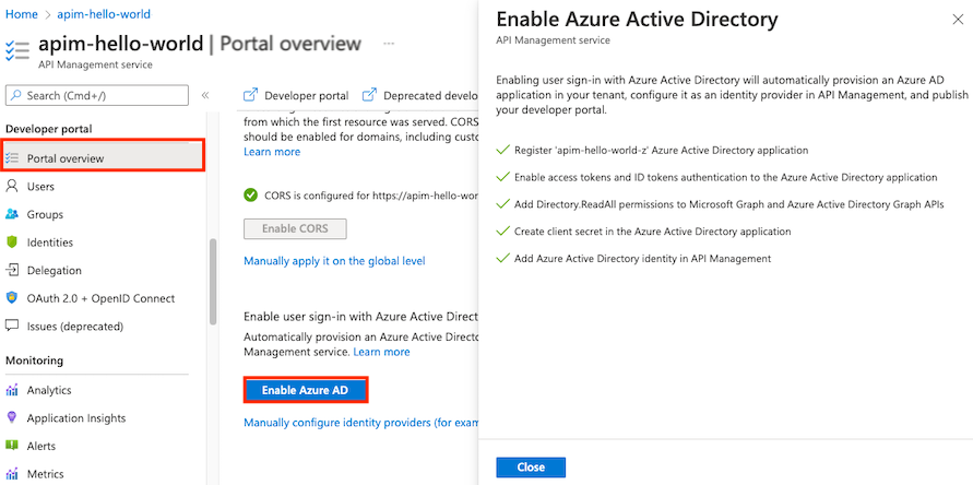 Capture d’écran de l’activation de Microsoft Entra ID dans la page de présentation du portail des développeurs.