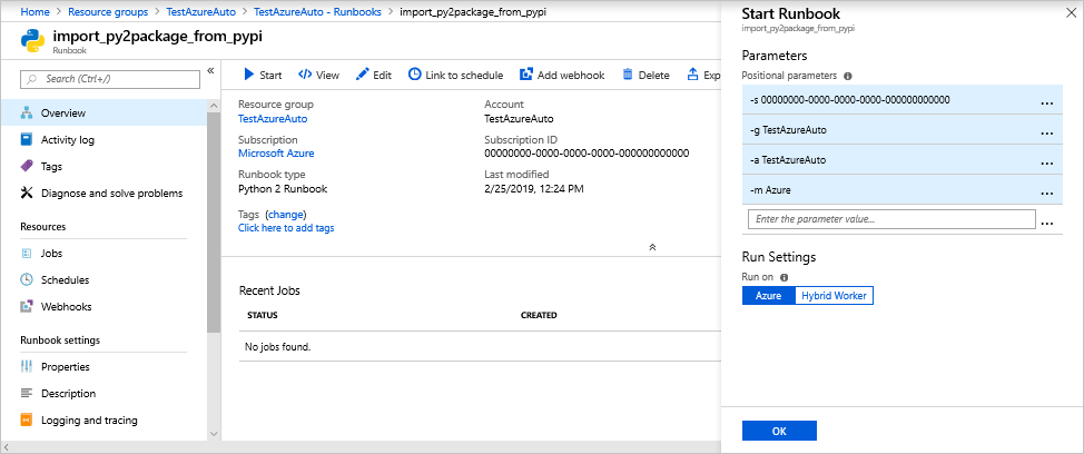 Capture d’écran qui montre la page de vue d’ensemble pour import_py2package_from_pypi avec le volet Démarrer le Runbook sur le côté droit.