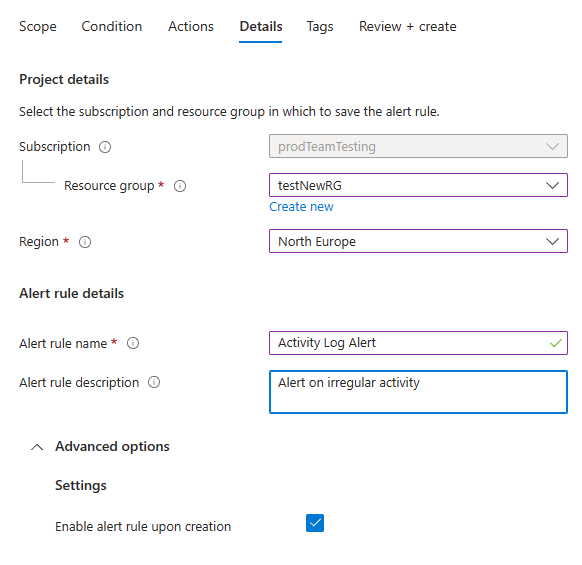 Screenshot that shows the Actions tab when creating a new activity log alert rule.
