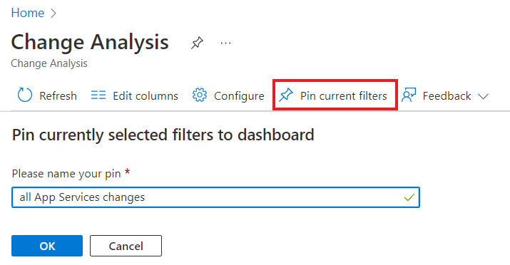 Capture d’écran de la sélection du bouton Épingler les filtres actuels de l’analyse des changements.