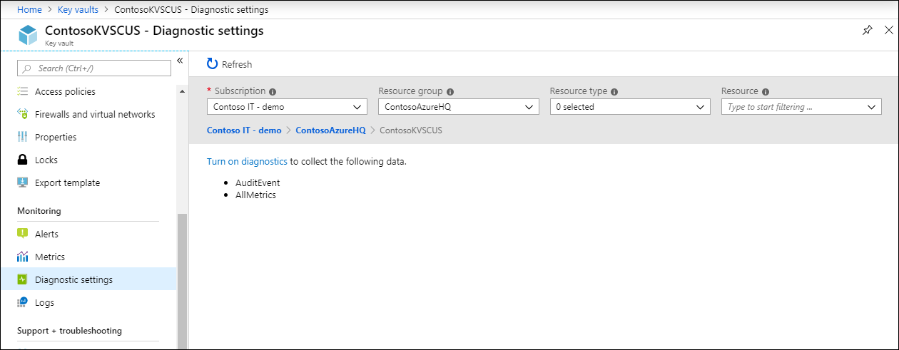 Capture d’écran de la page des paramètres Diagnostics pour la ressource Key Vault ContosoKVSCUS. L’option permettant d’activer les diagnostics est mise en surbrillance.
