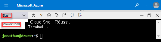 Capture d’écran de l’option de sélection Bash ou PowerShell dans Cloud Shell.