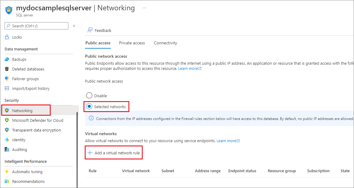 Azure SQL logical server properties, Firewalls and Virtual Networks highlighted