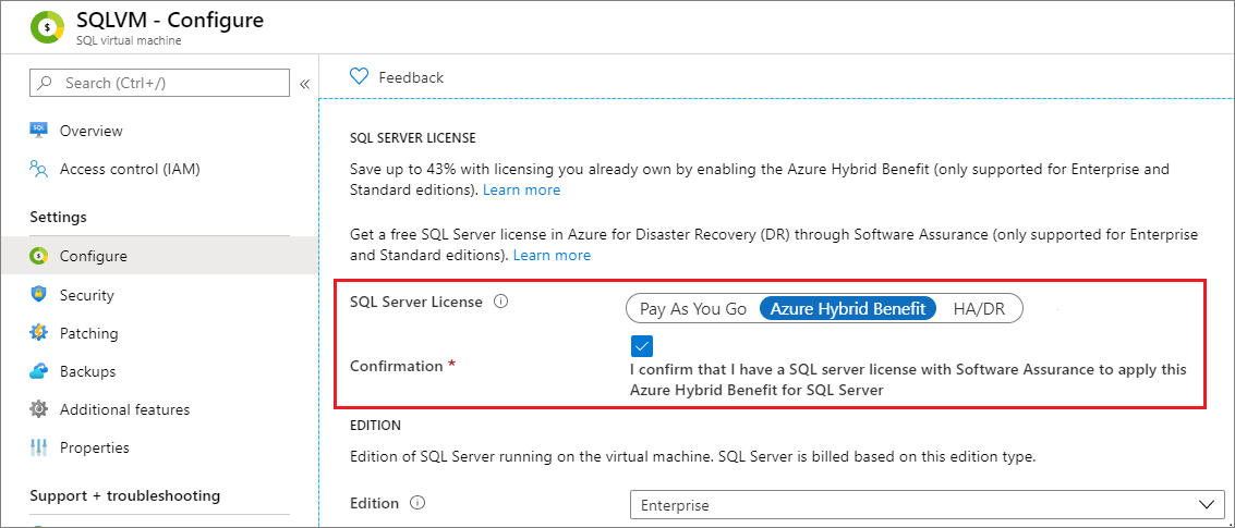 Capture d’écran montrant Azure Hybrid Benefit dans le portail.