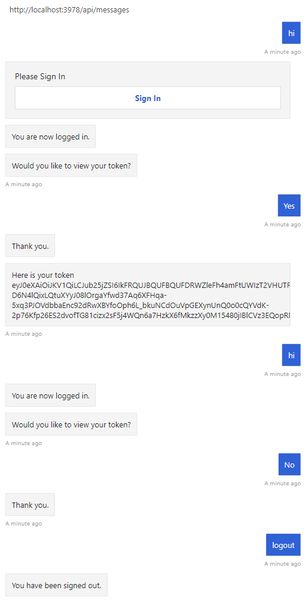 Sample conversation with the authentication sample bot.