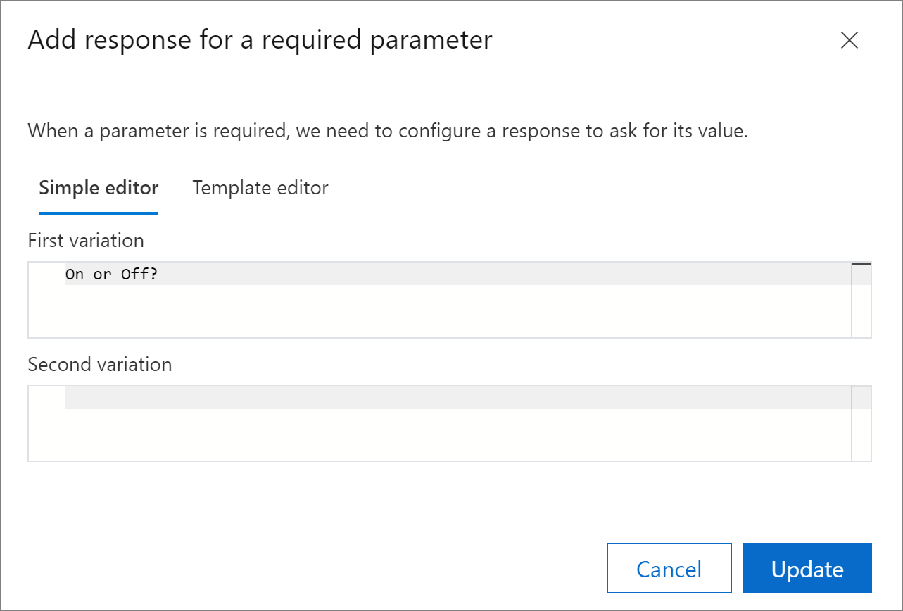 Screenshot that shows the 'Add response for a required parameter' section with the 'Simple editor' tab selected.