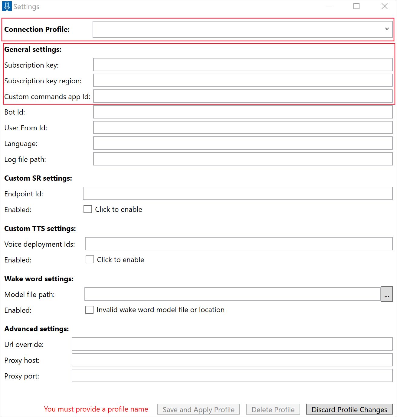 Screenshot that highlights the General Settings section for creating a WVAC profile.