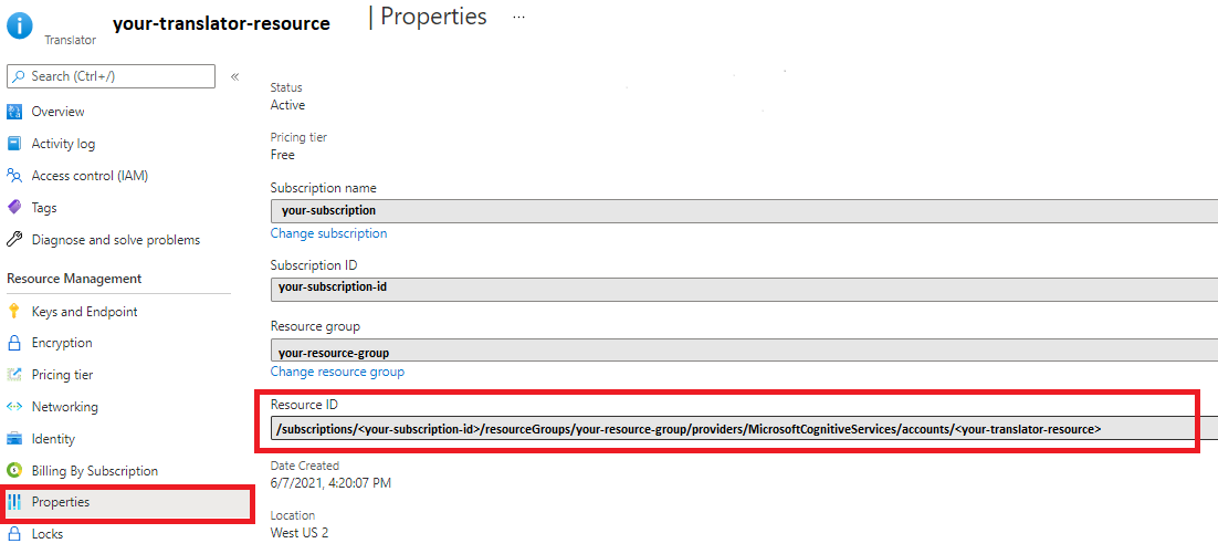 Capture d’écran:Page de propriétés de Traducteur dans le Portail Azure.