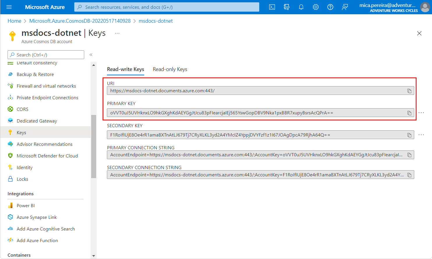 Screenshot of Keys page with various credentials for an Azure Cosmos D B SQL A P I account.