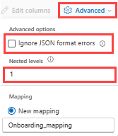 Capture d’écran des options JSON avancées.