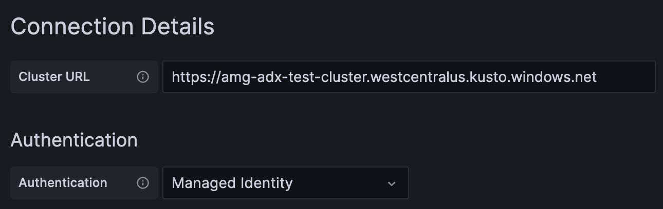 Capture d’écran du volet pour les détails de connexion avec la zone pour l’URL du cluster mise en surbrillance.