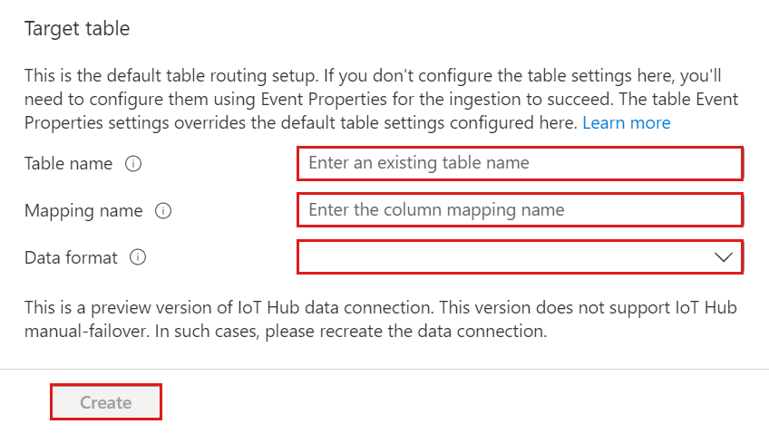 Capture d’écran de l’interface utilisateur web Azure Data Explorer, montrant les paramètres de routage par défaut dans le formulaire Table cible.