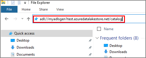 Affiche l’URL d’un dossier dans un compte Data Lake Storage Gen1 copié dans la fenêtre de l’Explorateur de fichiers
