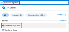A screenshot showing how to search for container registries in Azure portal.