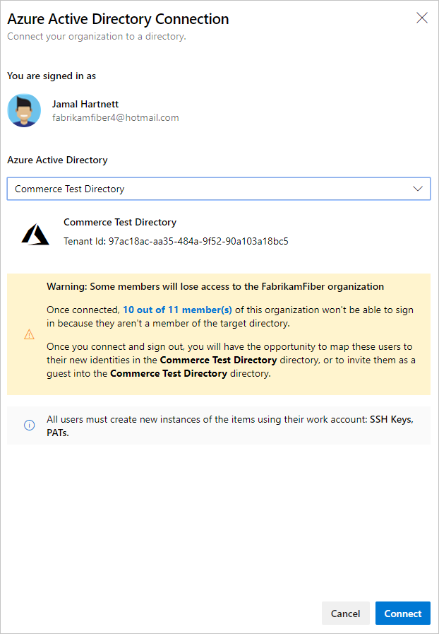Screenshot showing Microsoft Entra connection warning.