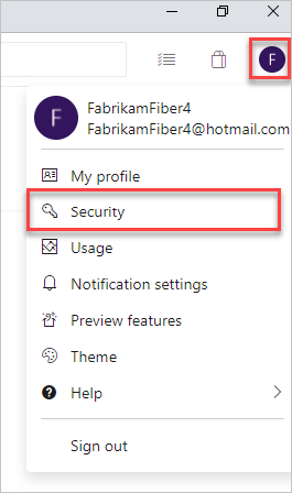 Select from your profile dropdown menu, Security