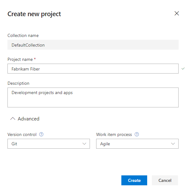 Create new project form, Azure DevOps 2019 version.