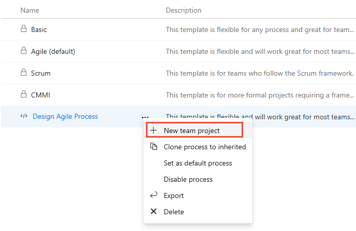 Capture d’écran du menu Importer des actions de processus, Créer un projet d’équipe à partir du processus importé.