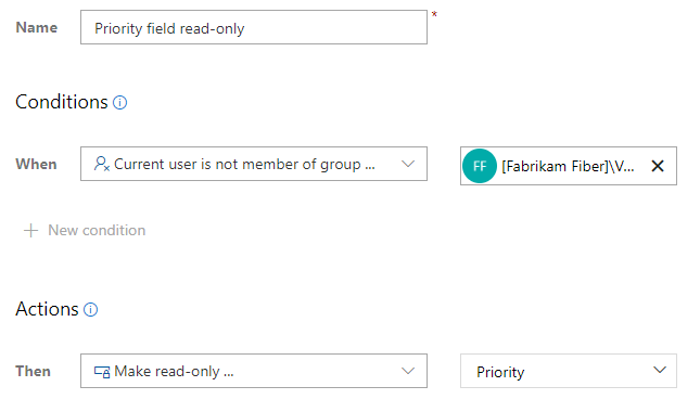 Règle personnalisée, l’utilisateur actuel n’est pas membre d’un groupe, rendre le champ Priorité en lecture seule